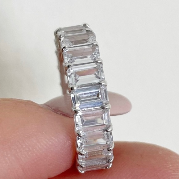 Emerald Diamond White Gold Plated Band Ring - Picture 5 of 10